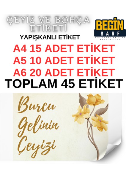 Begin Sarf A4 A5 A6 35 Adet Çeyiz Bohça Koli Paket Etiketi Isme Özel Yapışlanlı Etiket 017