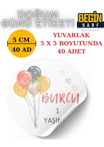 Begin Sarf 3 cm 4 cm 5 cm 6 cm Doğum Günü Hatırası Kişiye Özel Kendinden Yapışkanlı Etiket Yuvarlak 003