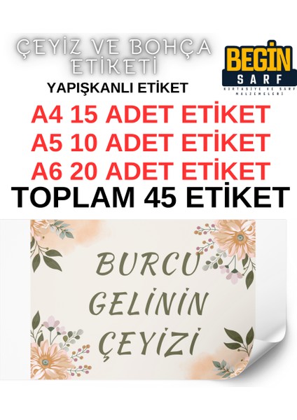 A4 A5 A6 35 Adet Çeyiz Bohça Koli Paket Etiketi Isme Özel Yapışlanlı Etiket 005