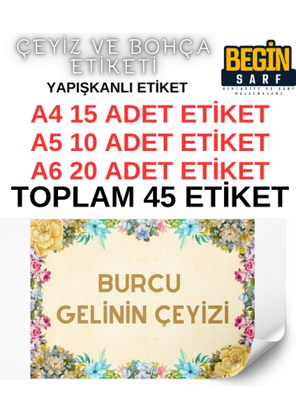 Begin Sarf A4 A5 A6 35 Adet Çeyiz Bohça Koli Paket Etiketi Isme Özel Yapışlanlı Etiket 006