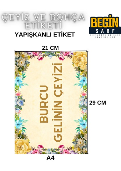 Begin Sarf A4 A5 A6 35 Adet Çeyiz Bohça Koli Paket Etiketi Isme Özel Yapışlanlı Etiket 006