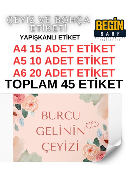 A4 A5 A6 35 Adet Çeyiz Bohça Koli Paket Etiketi Isme Özel Yapışlanlı Etiket 015