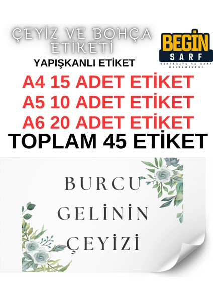 A4 A5 A6 35 Adet Çeyiz Bohça Koli Paket Etiketi Isme Özel Yapışlanlı Etiket 023