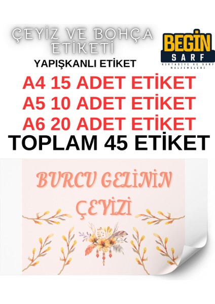 Begin Sarf A4 A5 A6 35 Adet Çeyiz Bohça Koli Paket Etiketi Isme Özel Yapışlanlı Etiket 001