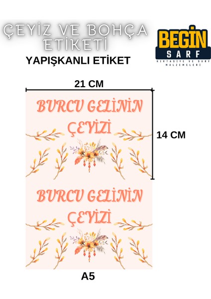 Begin Sarf A4 A5 A6 35 Adet Çeyiz Bohça Koli Paket Etiketi Isme Özel Yapışlanlı Etiket 001