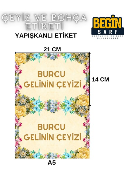 Begin Sarf A4 A5 A6 35 Adet Çeyiz Bohça Koli Paket Etiketi Isme Özel Yapışlanlı Etiket 006