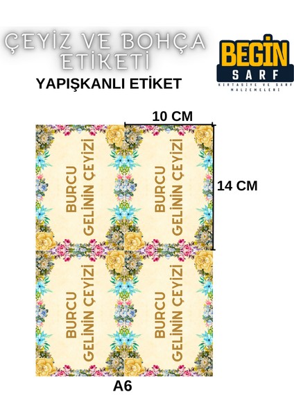 Begin Sarf A4 A5 A6 35 Adet Çeyiz Bohça Koli Paket Etiketi Isme Özel Yapışlanlı Etiket 006