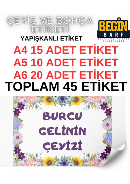 Begin Sarf A4 A5 A6 35 Adet Çeyiz Bohça Koli Paket Etiketi Isme Özel Yapışlanlı Etiket 008