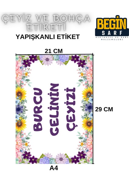 Begin Sarf A4 A5 A6 35 Adet Çeyiz Bohça Koli Paket Etiketi Isme Özel Yapışlanlı Etiket 008