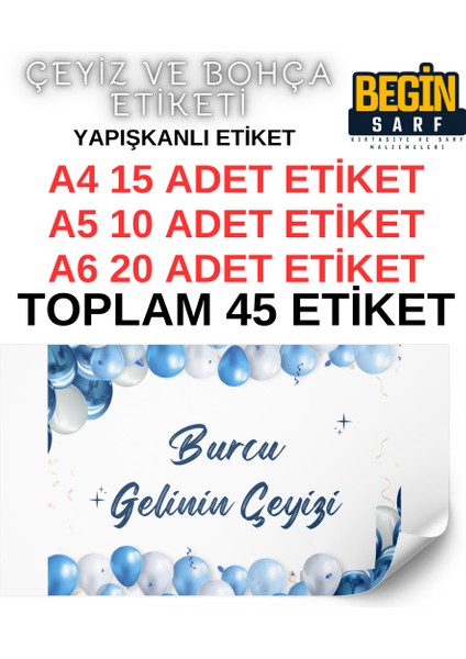 Begin Sarf A4 A5 A6 35 Adet Çeyiz Bohça Koli Paket Etiketi Isme Özel Yapışlanlı Etiket 020