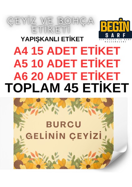 A4 A5 A6 35 Adet Çeyiz Bohça Koli Paket Etiketi Isme Özel Yapışlanlı Etiket 011