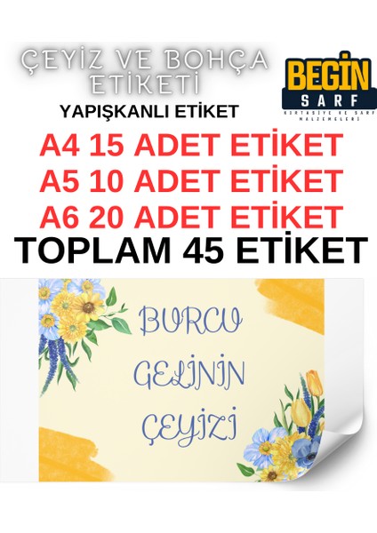 Begin Sarf A4 A5 A6 35 Adet Çeyiz Bohça Koli Paket Etiketi Isme Özel Yapışlanlı Etiket 009