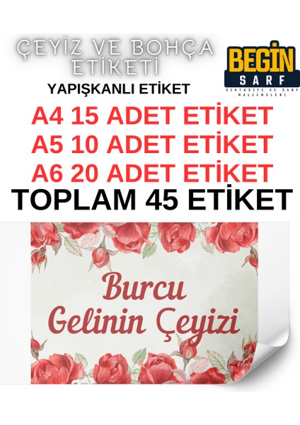 Begin Sarf A4 A5 A6 35 Adet Çeyiz Bohça Koli Paket Etiketi Isme Özel Yapışlanlı Etiket 019