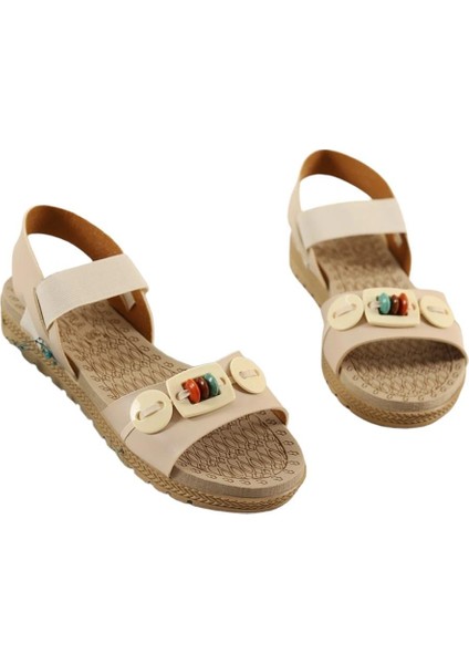 Lastikli Boncuk Detaylı Günlük Kadın Sandalet BEJ fırsatları