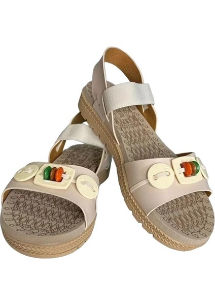 Lastikli Boncuk Detaylı Günlük Kadın Sandalet BEJ indirimleri