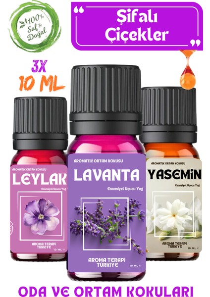 Aroma Terapi TR Çiçek Esansları Seti & Esansiyel Yağ & Oda Kokusu & Buhardanlık ve Difüzör Koku Seti 3X10ML