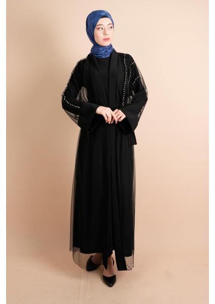 2 Li Abaya Ön 3 Inci Çizgili Abiye Tül Abiye Siyah