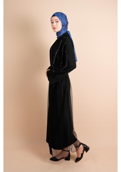 2 Li Abaya Ön 3 Inci Çizgili Abiye Tül Abiye Siyah