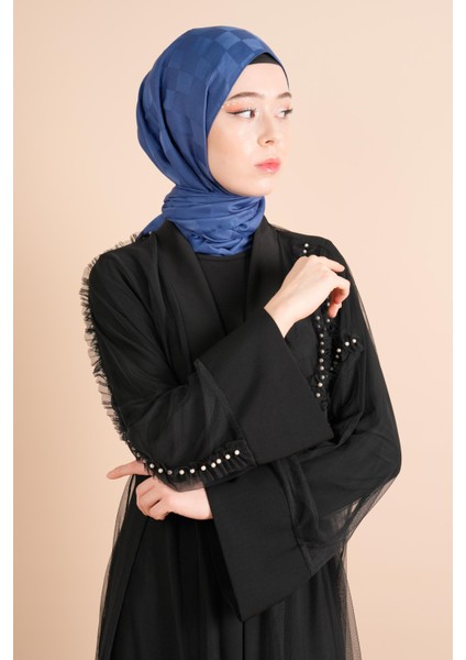 2 Li Abaya Ön 3 Inci Çizgili Abiye Tül Abiye Siyah
