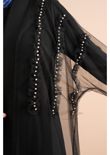 2 Li Abaya Ön 3 Inci Çizgili Abiye Tül Abiye Siyah