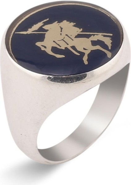 Kayı Boyu Motifli Koyu Mavi Mineli Yüzük