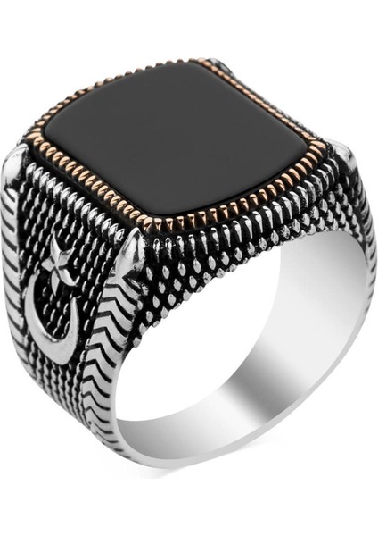 925 Ayar Gümüş Siyah Oniks Taşlı Ay Yıldızlı Erkek Yüzük fiyatları