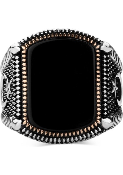 925 Ayar Gümüş Siyah Oniks Taşlı Ay Yıldızlı Erkek Yüzük modelleri