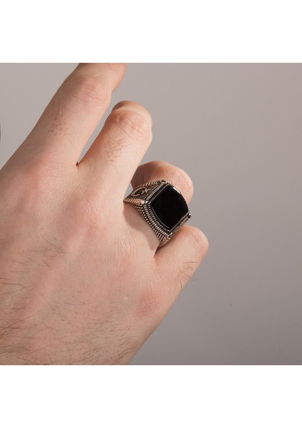 925 Ayar Gümüş Siyah Oniks Taşlı Ay Yıldızlı Erkek Yüzük fırsatları