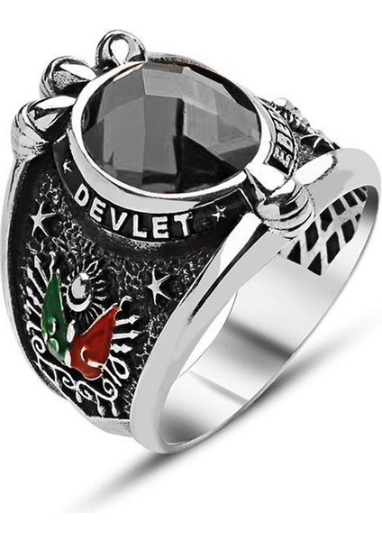Devlet-Ebed-Müddet Yazılı Kartal Pençeli Siyah Zirkon Taşlı Gümüş Yüzük