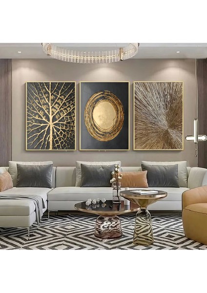 Altın Patlama Üçlü Metal Çerçeveli Tablo Seti