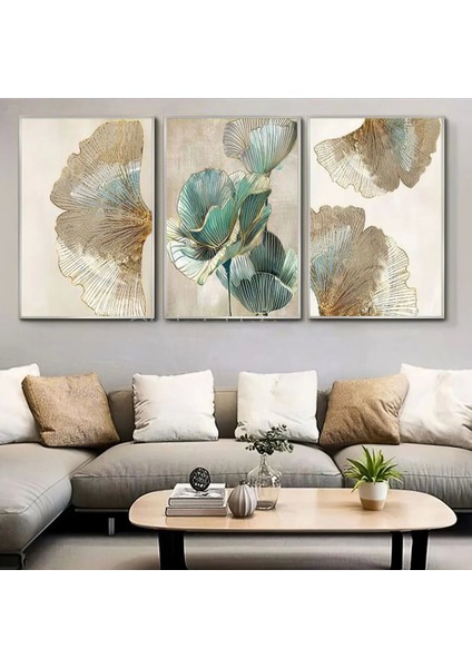 Akvamarin Rüyası Botanik Üçlü Metal Çerçeveli Tablo Seti /s