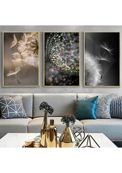 Karşı Konulmaz Zarafet: Dandelion Silüetleri Üçlü Metal Çerçeveli Tablo Seti /s