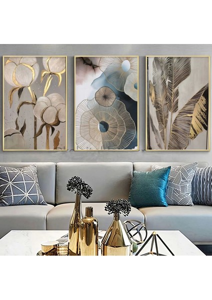 Elegan Botanik Esinti Üçlü Metal Çerçeveli Tablo Seti