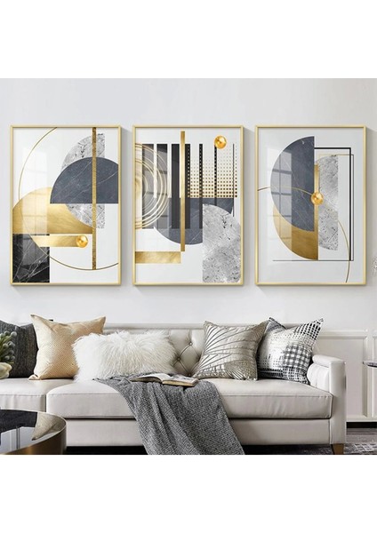 Geometrik Zarafet: Altın ve Siyahın Dansı Üçlü Metal Çerçeveli Tablo Takımı