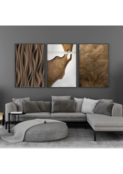 Dinamik Akış: Soyut Dalgalı Çizgiler Üçlü Metal Çerçeveli Tablo Seti /s