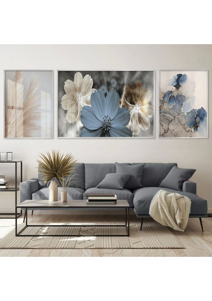 Doğal Estetik; Pastel Tonlu Çiçek Üçlü Metal Çerçeveli Tablo Seti