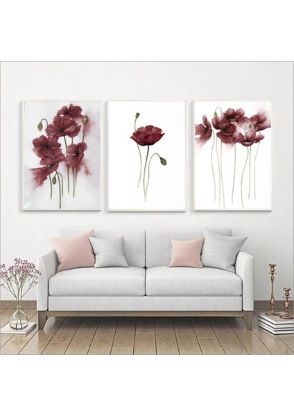 Bordo Çiçekler Desenli Metal Çerçeveli Tablo Seti Beyaz /s