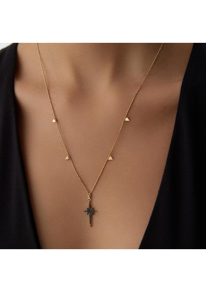 Siyah Taşlı Minimal Kuzey Yıldızı Altın Kolye