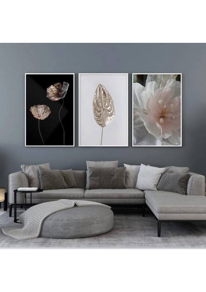 Gece Florası: Zarif Çiçekler Üçlü Metal Çerçeveli Tablo Seti /s