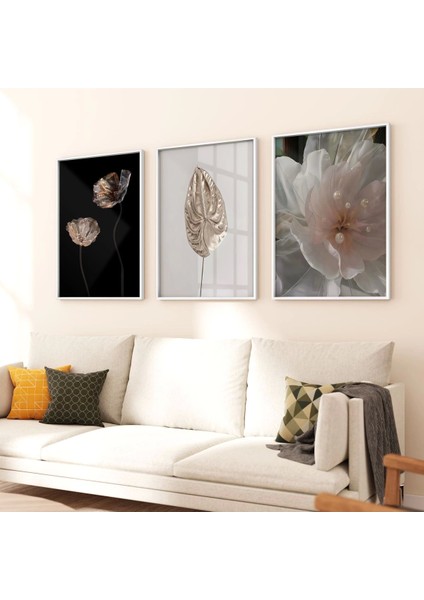 Gece Florası: Zarif Çiçekler Üçlü Metal Çerçeveli Tablo Seti /s fiyatları