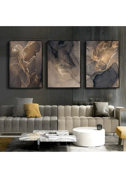 Altın Döngüler: Karanlık ve Aydınlık Tonlarda Soyut Desenler Üçlü Metal Çerçeveli Tablo Seti /s