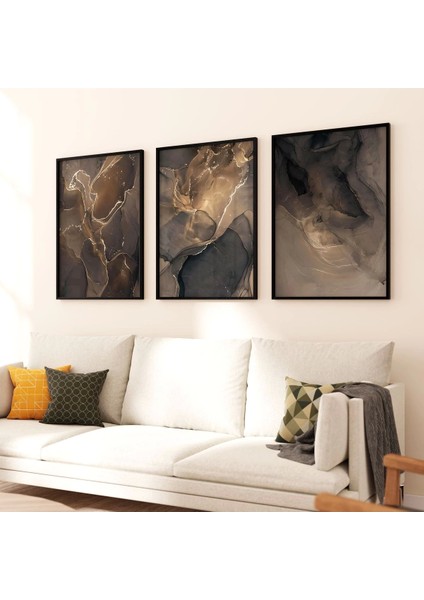 Altın Döngüler: Karanlık ve Aydınlık Tonlarda Soyut Desenler Üçlü Metal Çerçeveli Tablo Seti /s fiyatları