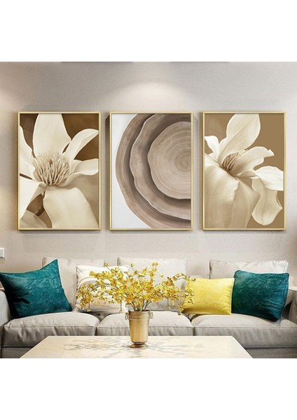 Kahverengi Çiçekler Tasarım Metal Çerçeveli Tablo Seti Altın