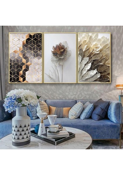 Kahve Tonlar Çiçek Desenli Metal Çerçeveli Tablo Seti Altın