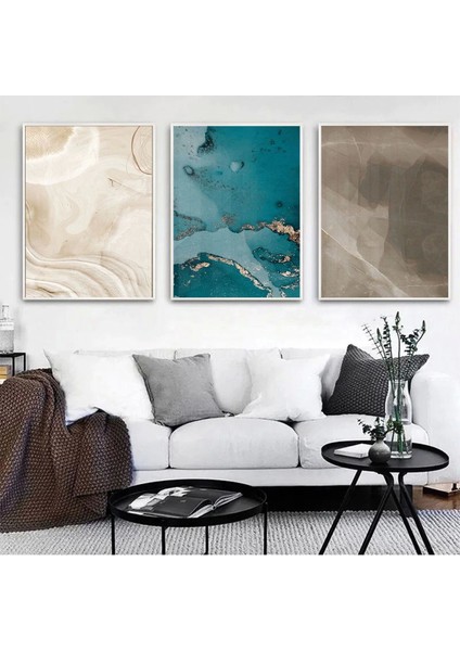 Mermerin Sessiz Dansı: Nötr Tonlar Üçlü Metal Çerçeveli Tablo Seti /s