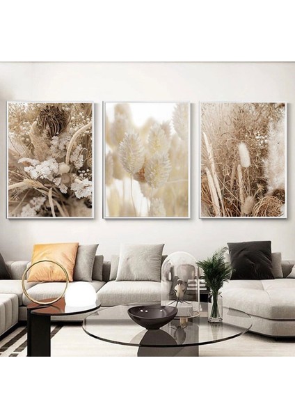 Kahrengi Desenli Çiçek Detaylı Metal Çerçeveli Tablo Seti Beyaz /s