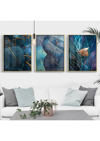 Mavi Çiçekler Desenli Metal Çerçeveli Tablo Seti Altın /s