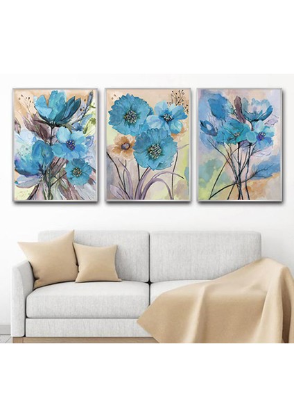 Mavi Çiçekler Desenli Metal Çerçeveli Tablo Seti Gümüş /s