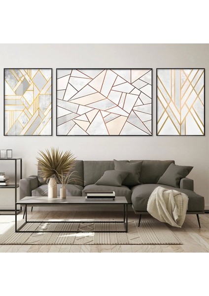 Modern Geometrik Harikalar; Altın Aksanlı Üçlü Metal Çerçeveli Tablo Seti /s