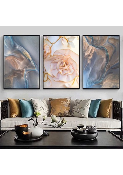 Renkli Çiçek Desenli Metal Çerçeveli Tablo Seti Siyah /s